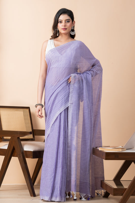 Lavender Khadi Cotton All Over Stripes Saree with Tassels