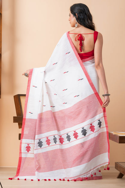 White Pure Cotton Handloom Jamdani Saree with Tassels
