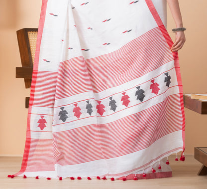 White Pure Cotton Handloom Jamdani Saree with Tassels