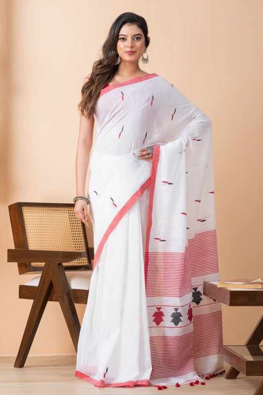 White Pure Cotton Handloom Jamdani Saree with Tassels