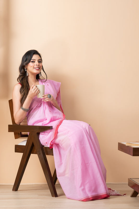 Pink Handloom Mark Pure Cotton Jamdani Saree