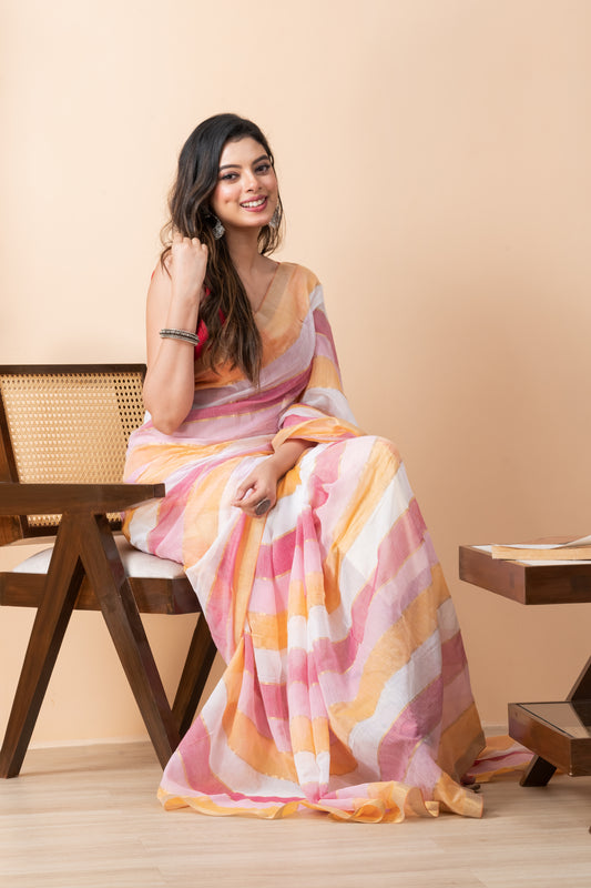 Orange & Pink Colorblocked Mul Cotton Saree with Zari and Tassels