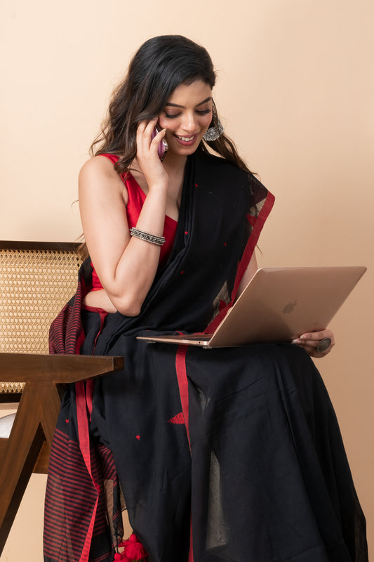Black Pure Cotton Saree with Red Jamdani Buta All Over with Tassels