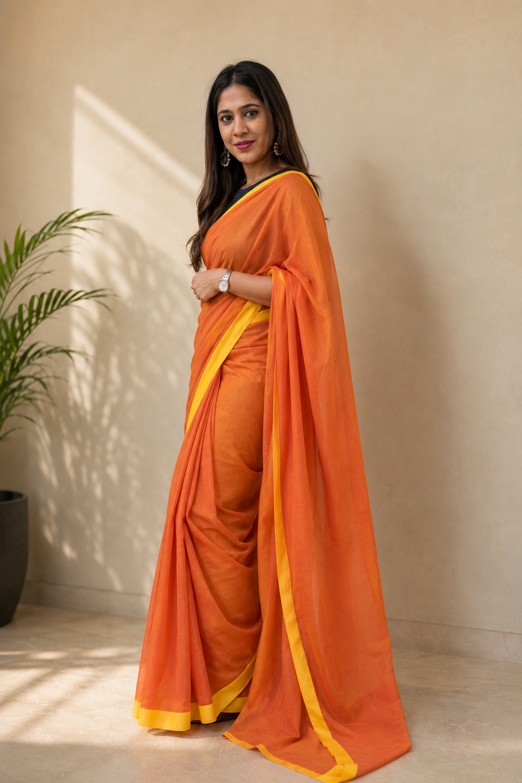 Orange Solid Khadi Cotton Saree with Yellow Border and Tassels Saree Handloom saree, handcrafted saree, daily wear saree, office saree, affordable saree, saree for summers, Suta sarees, Eternity by Sakshi Sarees,