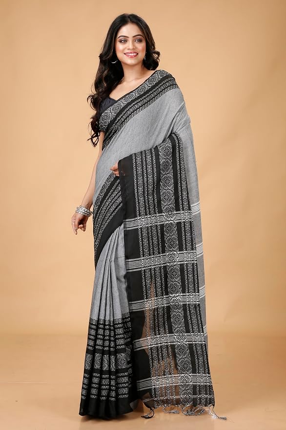 Grey Begumpuri Cotton Saree with Heavy Black Embrodiered Border Saree Handloom saree, handcrafted saree, daily wear saree, office saree, affordable saree, saree for summers, Suta sarees, Eternity by Sakshi Sarees,