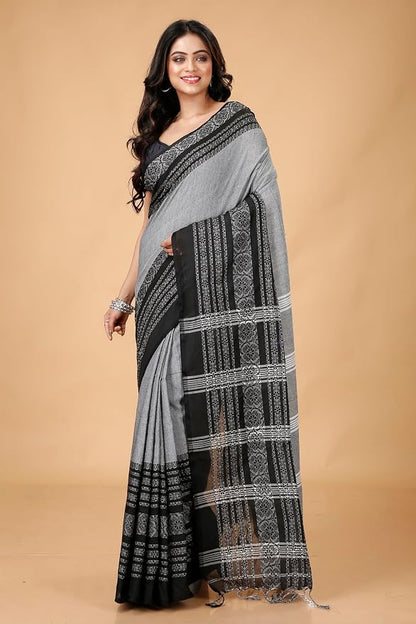 Grey Begumpuri Cotton Saree with Heavy Black Embrodiered Border Saree Handloom saree, handcrafted saree, daily wear saree, office saree, affordable saree, saree for summers, Suta sarees, Eternity by Sakshi Sarees,