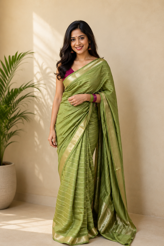 Green Lightweight Semi Silk Saree with All Over Zari Work Saree Handloom saree, handcrafted saree, daily wear saree, office saree, affordable saree, saree for summers, Suta sarees, Eternity by Sakshi Sarees,