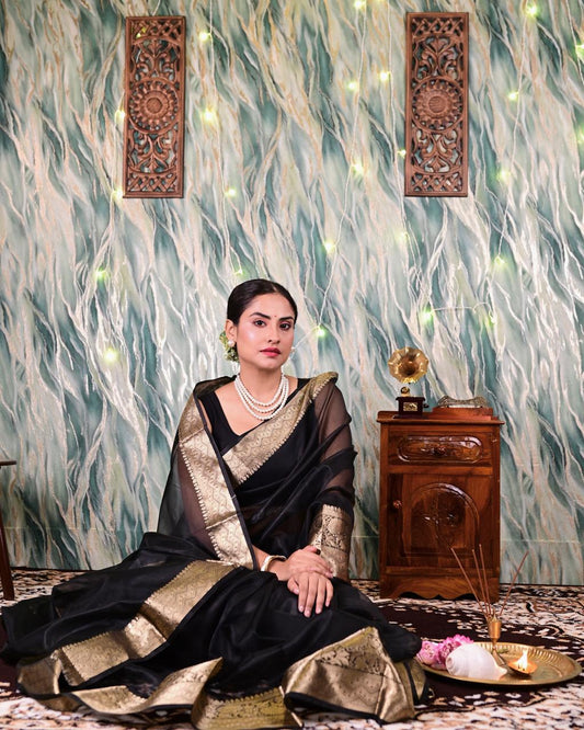 Black Organza Tissue Saree With Gold Zari Border Saree Handloom saree, handcrafted saree, daily wear saree, office saree, affordable saree, saree for summers, Suta sarees, Eternity by Sakshi Sarees,