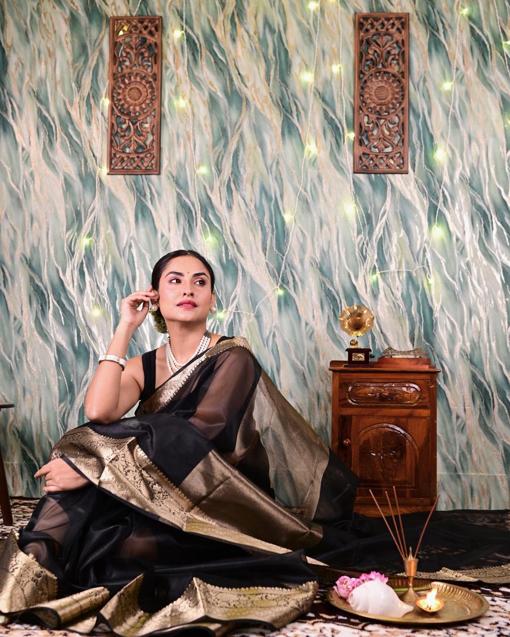 Black Organza Tissue Saree With Gold Zari Border Saree Handloom saree, handcrafted saree, daily wear saree, office saree, affordable saree, saree for summers, Suta sarees, Eternity by Sakshi Sarees,