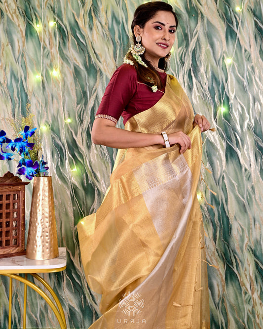 Golden Semi Silk Banarasi Saree with Intricate Weaving Broad Border Saree Handloom saree, handcrafted saree, daily wear saree, office saree, affordable saree, saree for summers, Suta sarees, Eternity by Sakshi Sarees,