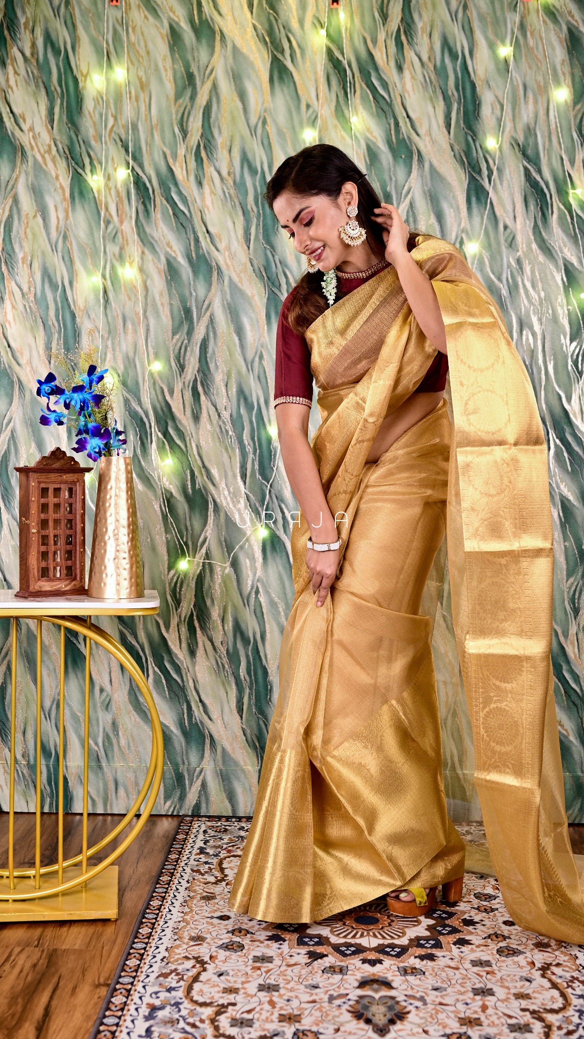 Golden Semi Silk Banarasi Saree with Intricate Weaving Broad Border Saree Handloom saree, handcrafted saree, daily wear saree, office saree, affordable saree, saree for summers, Suta sarees, Eternity by Sakshi Sarees,