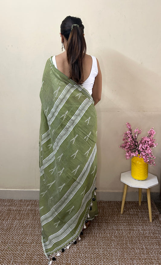 Green Pure Cotton Handloom Saree with Heavy Jamdani on Aanchal and Palla