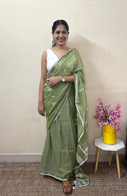 Green Pure Cotton Handloom Saree with Heavy Jamdani on Aanchal and Palla