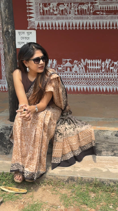 Brown Bagru Handblock Printed Mul Cotton Saree