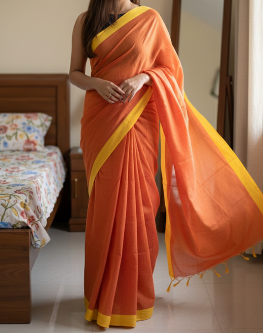 Orange Solid Khadi Cotton Saree with Yellow Border and Tassels