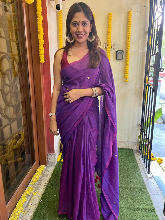Purple Mul Cotton Saree with All Over Golden Ginni Saree Handloom saree, handcrafted saree, daily wear saree, office saree, affordable saree, saree for summers, Suta sarees, Eternity by Sakshi Sarees,