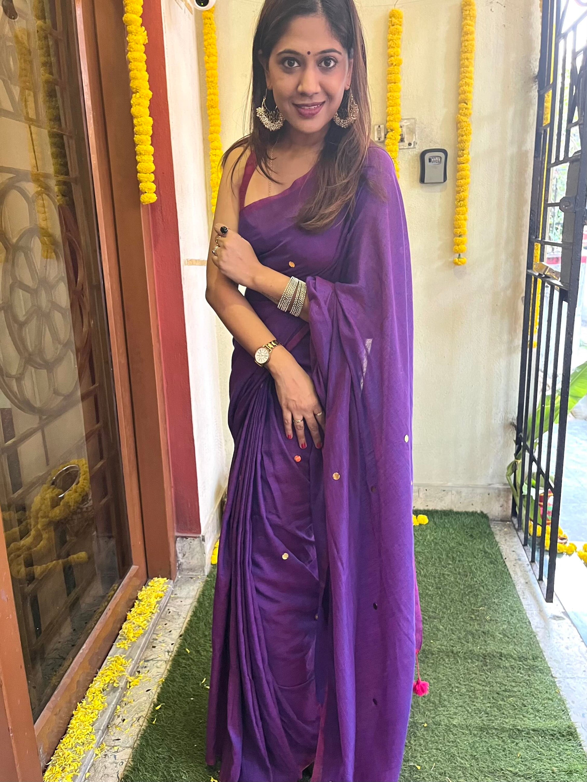 Purple Mul Cotton Saree with All Over Golden Ginni Saree Handloom saree, handcrafted saree, daily wear saree, office saree, affordable saree, saree for summers, Suta sarees, Eternity by Sakshi Sarees,