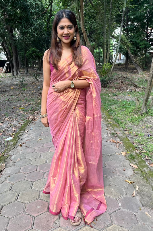 Pink Mul Cotton Dual Tone Tissue Saree Saree Handloom saree, handcrafted saree, daily wear saree, office saree, affordable saree, saree for summers, Suta sarees, Eternity by Sakshi Sarees,