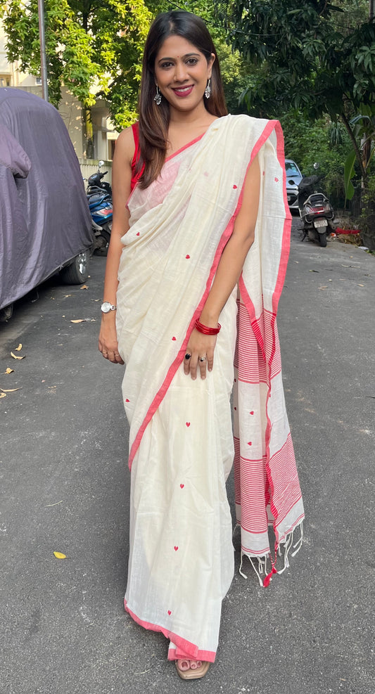 Off White Handloom Mark Pure Cotton Heart Jamdani Saree