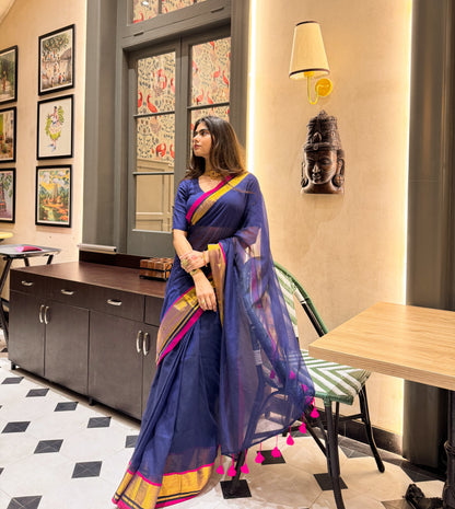 Navy Blue Handloom Mul Cotton Saree with Zari and Tassels