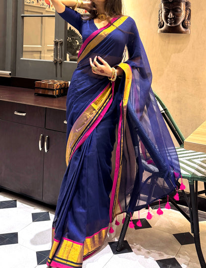 Navy Blue Handloom Mul Cotton Saree with Zari and Tassels