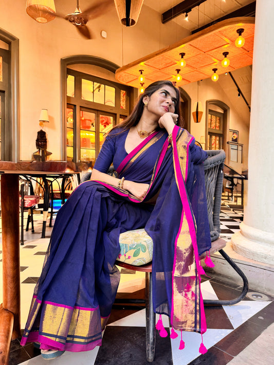 Navy Blue Handloom Mul Cotton Saree with Zari and Tassels
