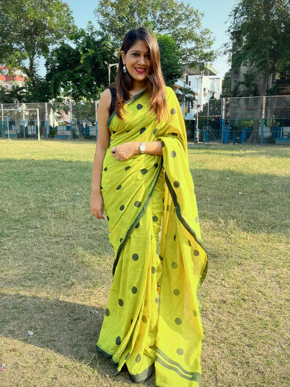 Green Khadi Cotton All Over Black Polka Saree Saree Handloom saree, handcrafted saree, daily wear saree, office saree, affordable saree, saree for summers, Suta sarees, Eternity by Sakshi Sarees,