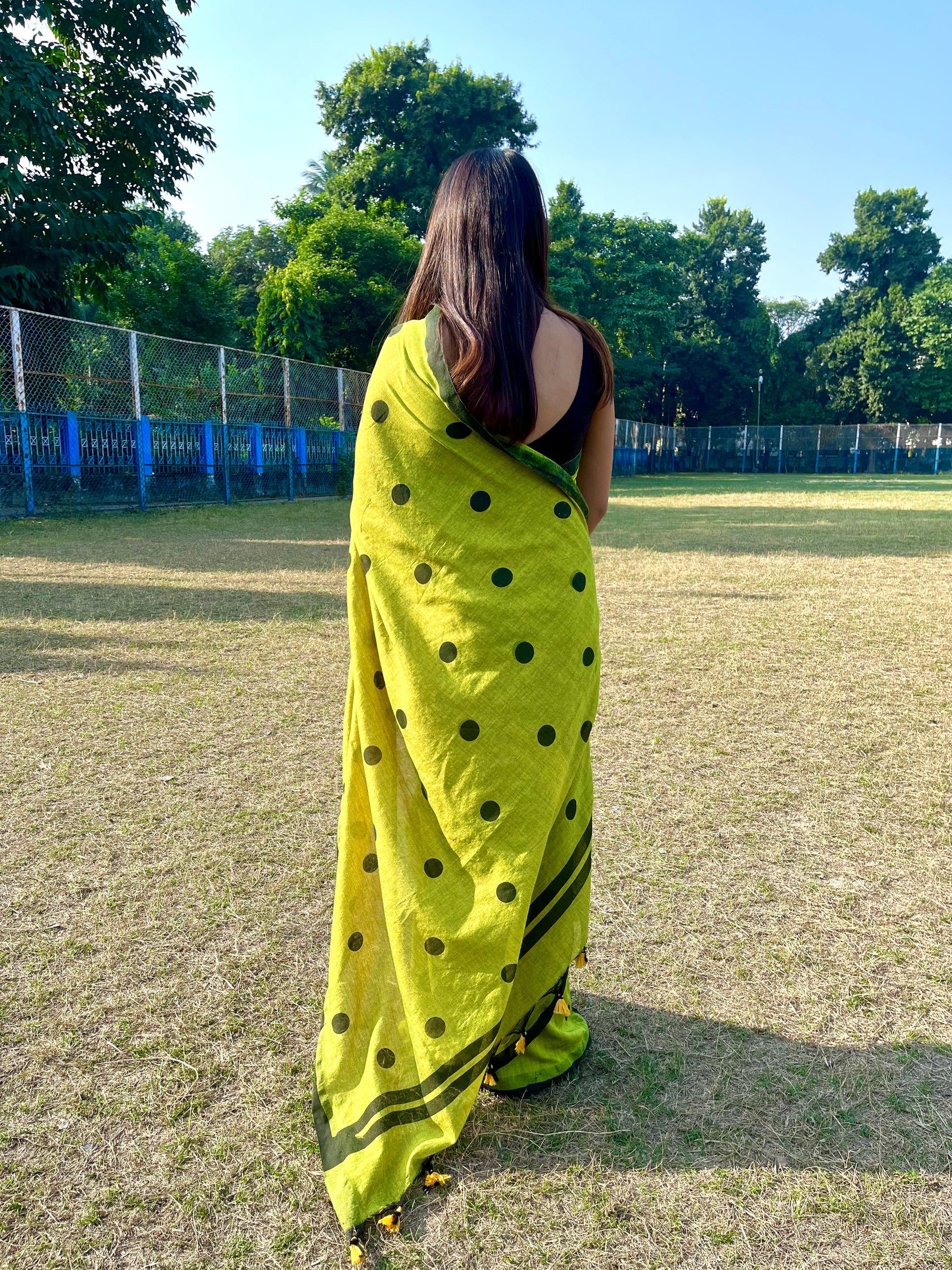 Green Khadi Cotton All Over Black Polka Saree Saree Handloom saree, handcrafted saree, daily wear saree, office saree, affordable saree, saree for summers, Suta sarees, Eternity by Sakshi Sarees,