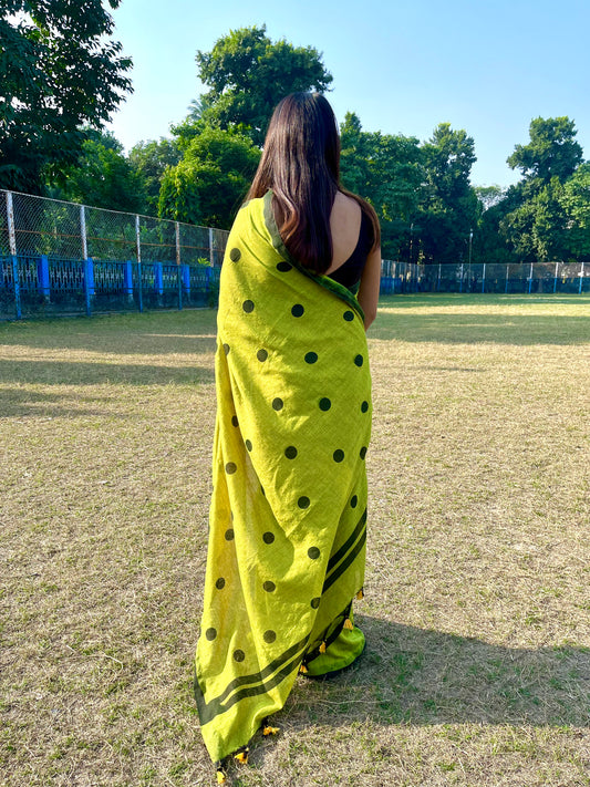 Green Khadi Cotton All Over Black Polka Saree Saree Handloom saree, handcrafted saree, daily wear saree, office saree, affordable saree, saree for summers, Suta sarees, Eternity by Sakshi Sarees,