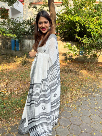 White Khadi Cotton Saree with Heavy Embroidered Palla and Tassels Saree Handloom saree, handcrafted saree, daily wear saree, office saree, affordable saree, saree for summers, Suta sarees, Eternity by Sakshi Sarees,