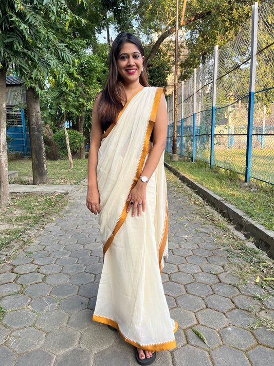 Off White Dhaniakhali Pure Cotton Saree with Sleek Golden Border Saree Handloom saree, handcrafted saree, daily wear saree, office saree, affordable saree, saree for summers, Suta sarees, Eternity by Sakshi Sarees,