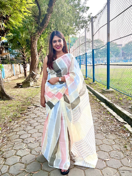 Pastel Colors Cotton Slub and Mul Cotton Panelled Saree Saree Handloom saree, handcrafted saree, daily wear saree, office saree, affordable saree, saree for summers, Suta sarees, Eternity by Sakshi Sarees,