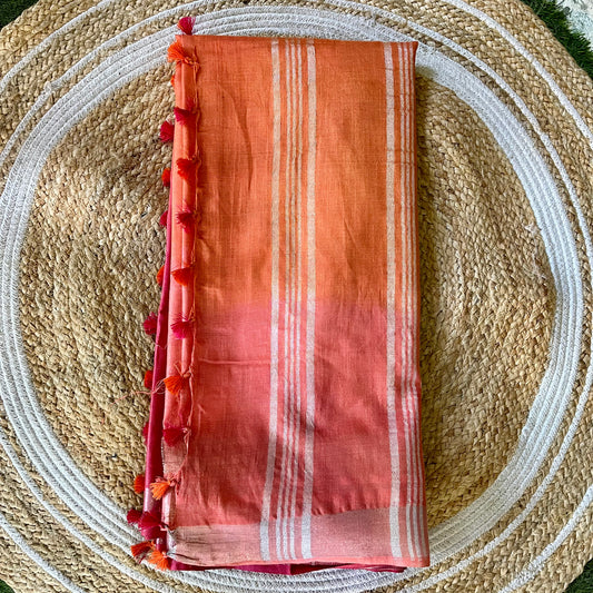Orange and Pink Shaded Linen Saree Saree Handloom saree, handcrafted saree, daily wear saree, office saree, affordable saree, saree for summers, Suta sarees, Eternity by Sakshi Sarees,