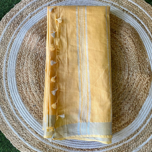 Yellow Solid Linen Saree with Silver Zari Stripes Saree Handloom saree, handcrafted saree, daily wear saree, office saree, affordable saree, saree for summers, Suta sarees, Eternity by Sakshi Sarees,