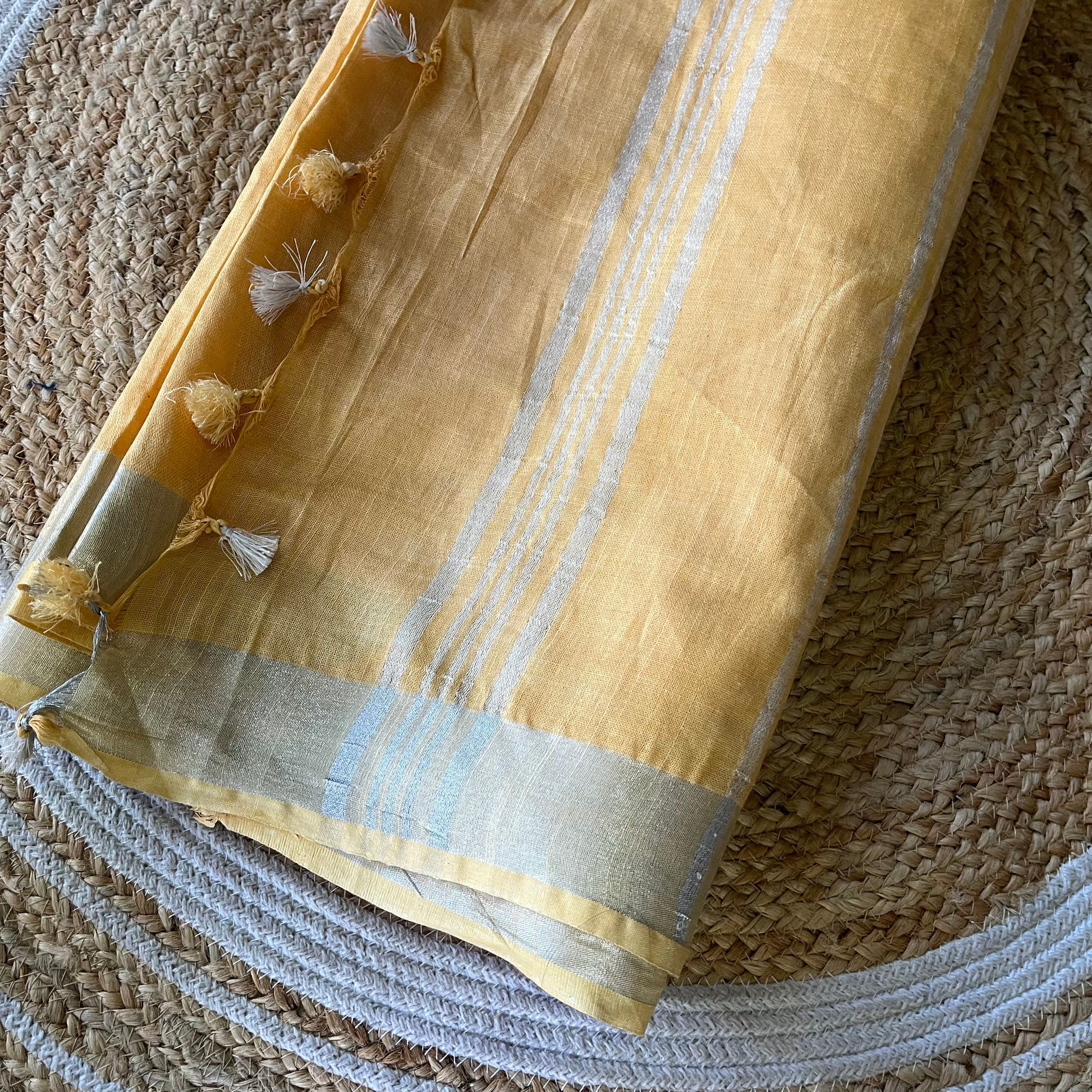 Yellow Solid Linen Saree with Silver Zari Stripes Saree Handloom saree, handcrafted saree, daily wear saree, office saree, affordable saree, saree for summers, Suta sarees, Eternity by Sakshi Sarees,