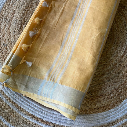 Yellow Solid Linen Saree with Silver Zari Stripes Saree Handloom saree, handcrafted saree, daily wear saree, office saree, affordable saree, saree for summers, Suta sarees, Eternity by Sakshi Sarees,