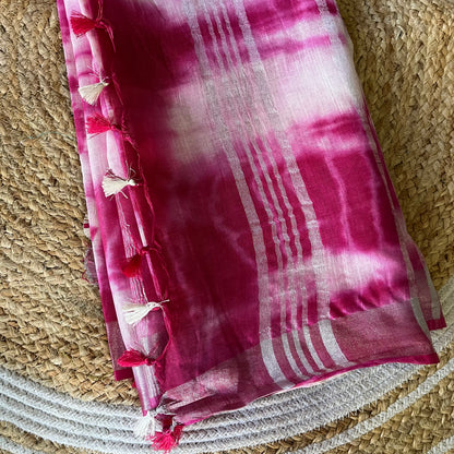 White & PInk Linen Saree in Tie Dye Shibori Saree Handloom saree, handcrafted saree, daily wear saree, office saree, affordable saree, saree for summers, Suta sarees, Eternity by Sakshi Sarees,