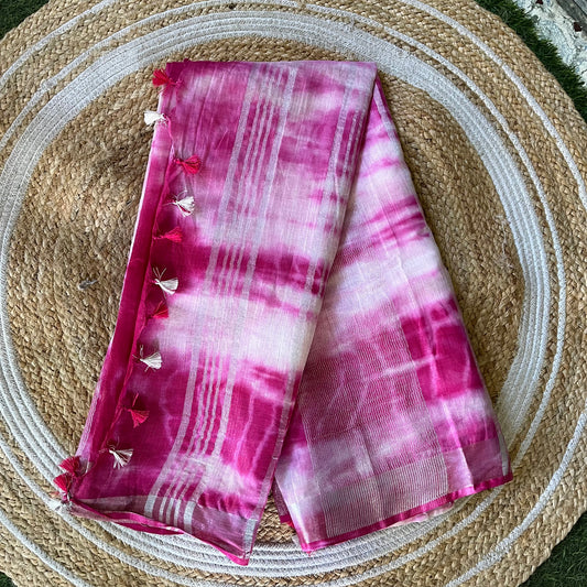White & PInk Linen Saree in Tie Dye Shibori Saree Handloom saree, handcrafted saree, daily wear saree, office saree, affordable saree, saree for summers, Suta sarees, Eternity by Sakshi Sarees,
