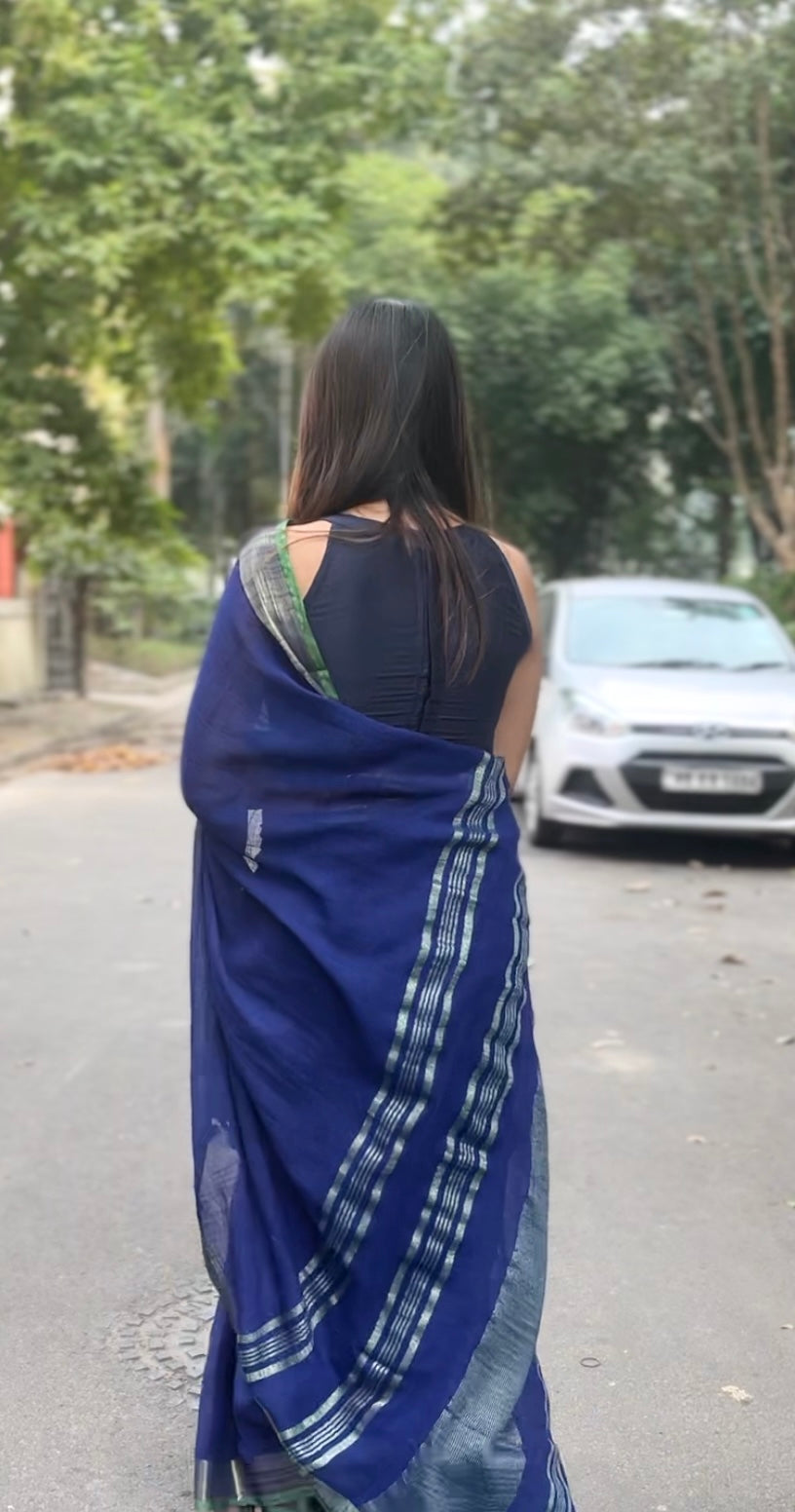 Blue Solid Linen Saree with Green Border and Zari Palla Saree Handloom saree, handcrafted saree, daily wear saree, office saree, affordable saree, saree for summers, Suta sarees, Eternity by Sakshi Sarees,
