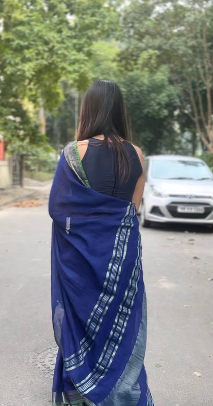 Blue Solid Linen Saree with Green Border and Zari Palla Saree Handloom saree, handcrafted saree, daily wear saree, office saree, affordable saree, saree for summers, Suta sarees, Eternity by Sakshi Sarees,