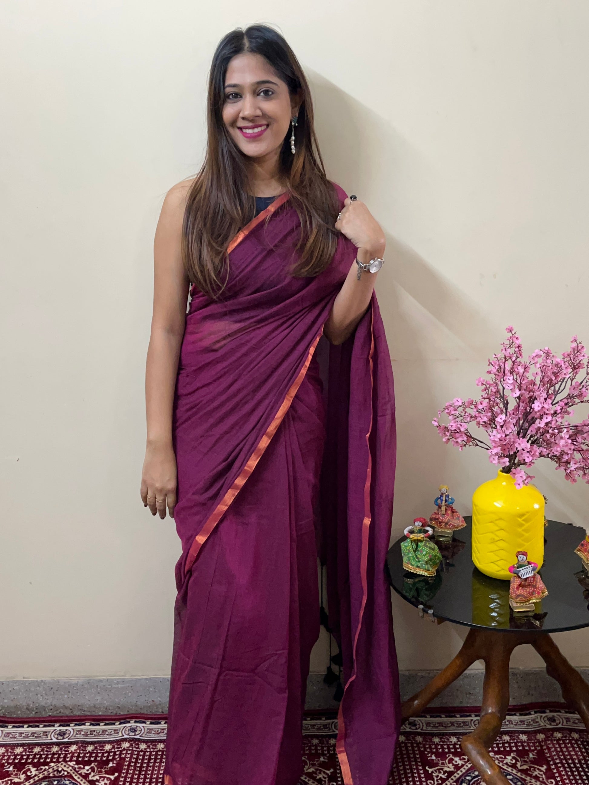 Purple Solid Khadi Cotton Saree with Green Border and Tassels (Copy) Saree Handloom saree, handcrafted saree, daily wear saree, office saree, affordable saree, saree for summers, Suta sarees, Eternity by Sakshi Sarees,