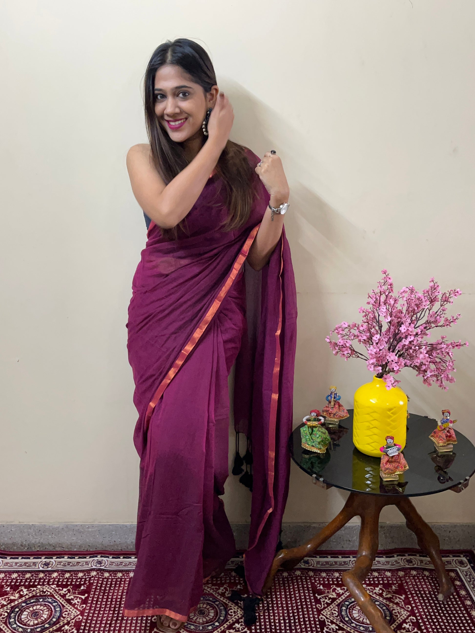 Purple Solid Khadi Cotton Saree with Green Border and Tassels (Copy) Saree Handloom saree, handcrafted saree, daily wear saree, office saree, affordable saree, saree for summers, Suta sarees, Eternity by Sakshi Sarees,
