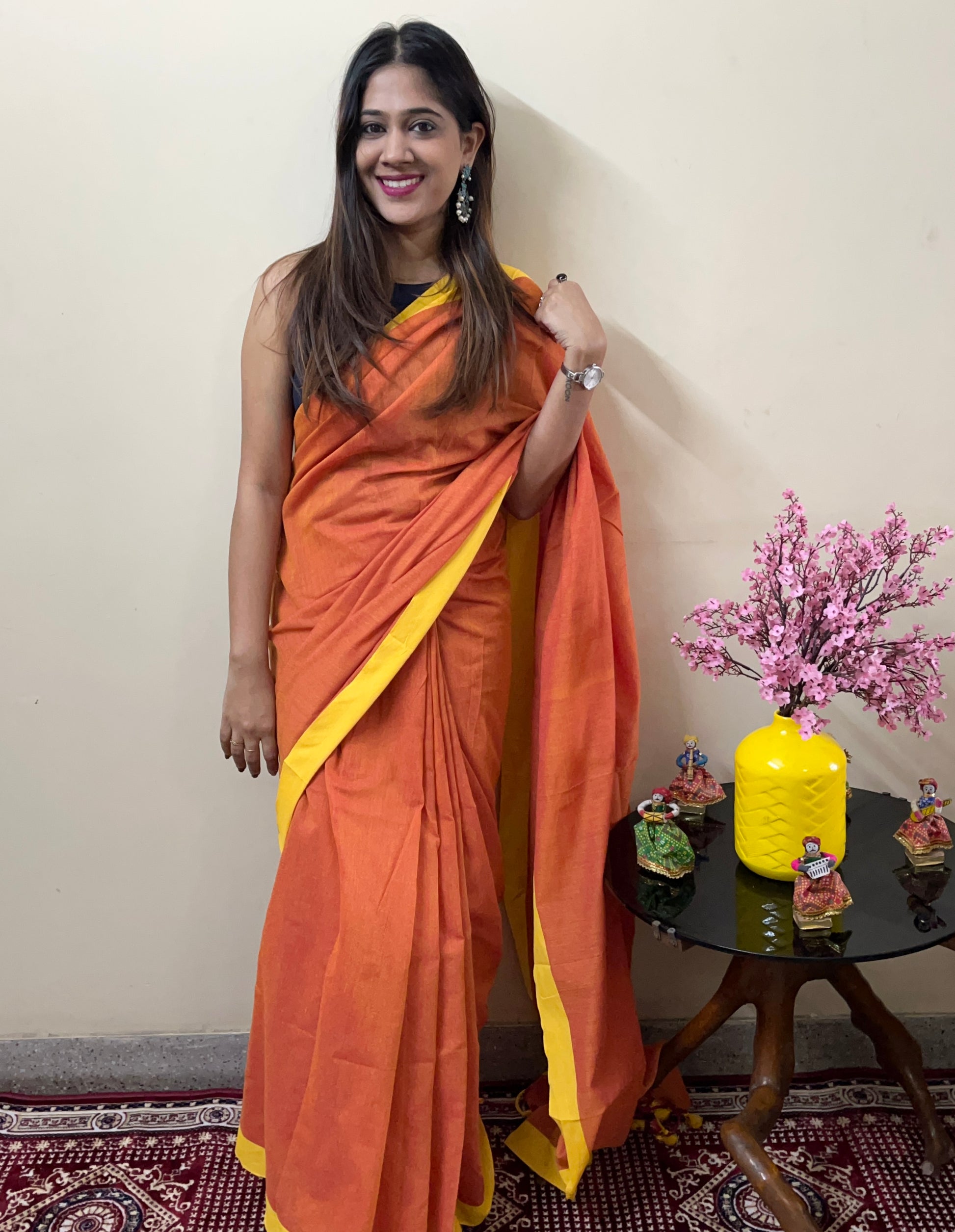 Orange Solid Khadi Cotton Saree with Yellow Border and Tassels Saree Handloom saree, handcrafted saree, daily wear saree, office saree, affordable saree, saree for summers, Suta sarees, Eternity by Sakshi Sarees,