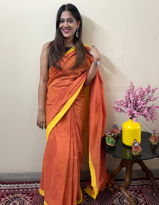 Orange Solid Khadi Cotton Saree with Yellow Border and Tassels Saree Handloom saree, handcrafted saree, daily wear saree, office saree, affordable saree, saree for summers, Suta sarees, Eternity by Sakshi Sarees,