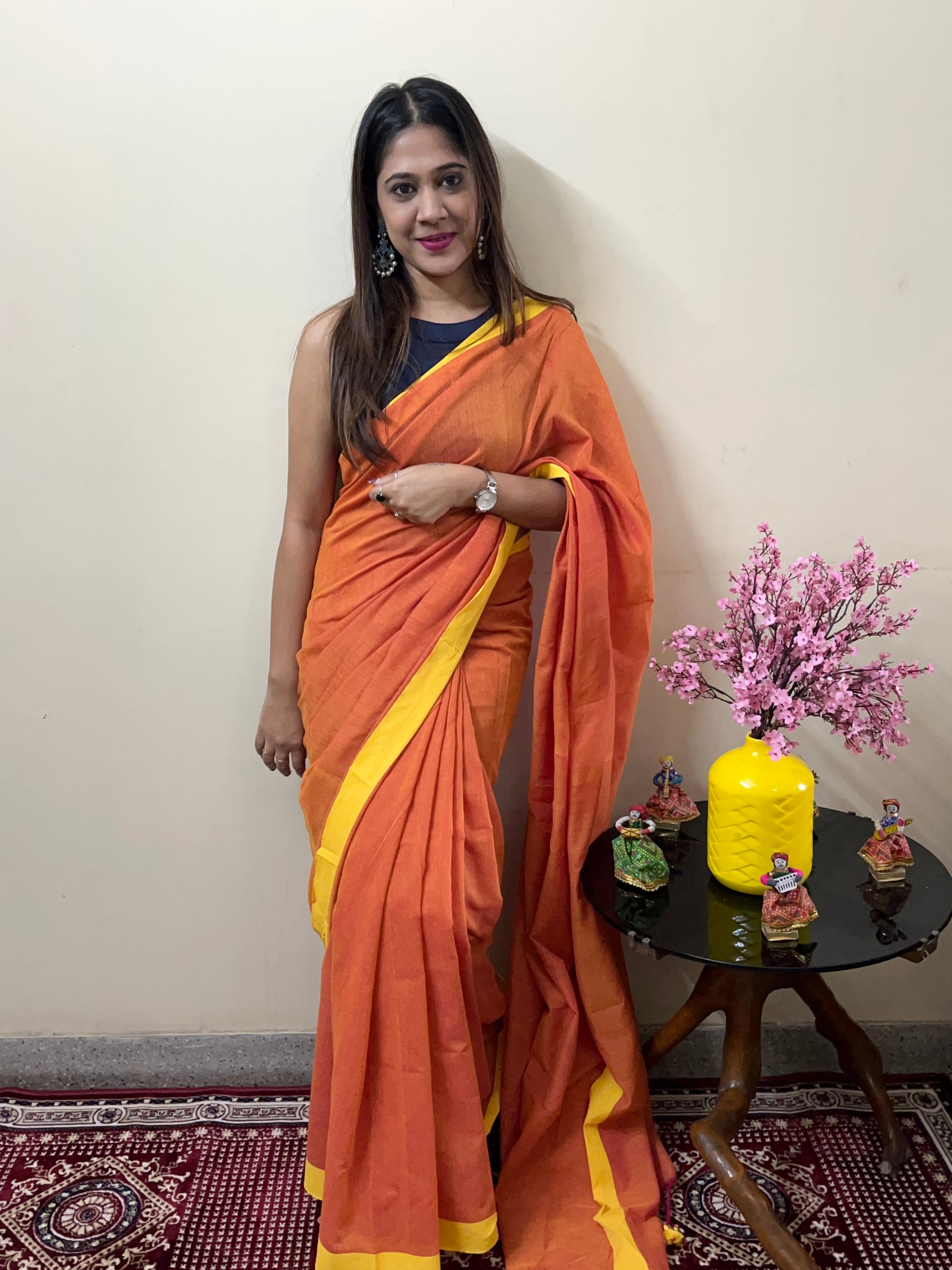 Orange Solid Khadi Cotton Saree with Yellow Border and Tassels Saree Handloom saree, handcrafted saree, daily wear saree, office saree, affordable saree, saree for summers, Suta sarees, Eternity by Sakshi Sarees,