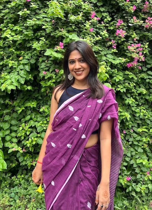 Purple Mul Cotton Saree with Jamdani Weaving Saree Handloom saree, handcrafted saree, daily wear saree, office saree, affordable saree, saree for summers, Suta sarees, Eternity by Sakshi Sarees,