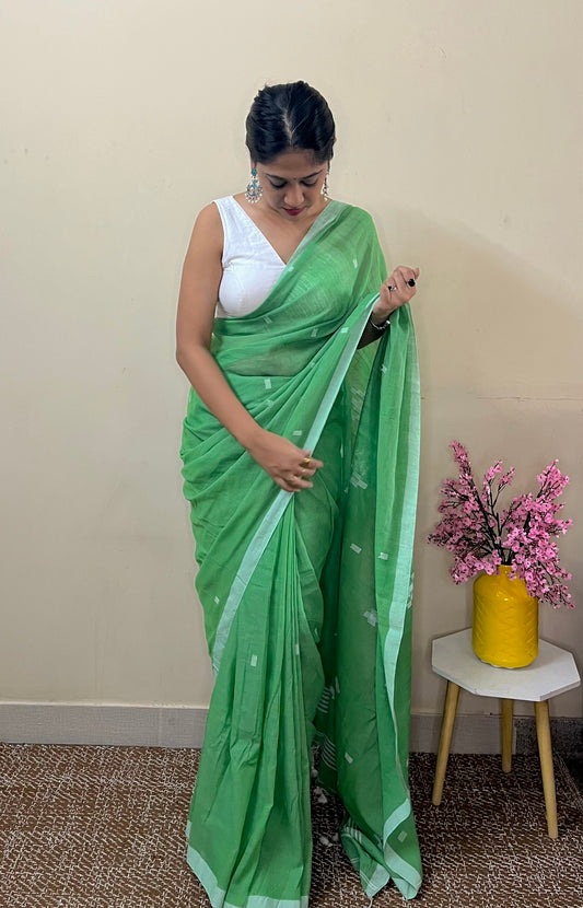 Green Pure Cotton Handloom Saree with Buta Jamdani All Over