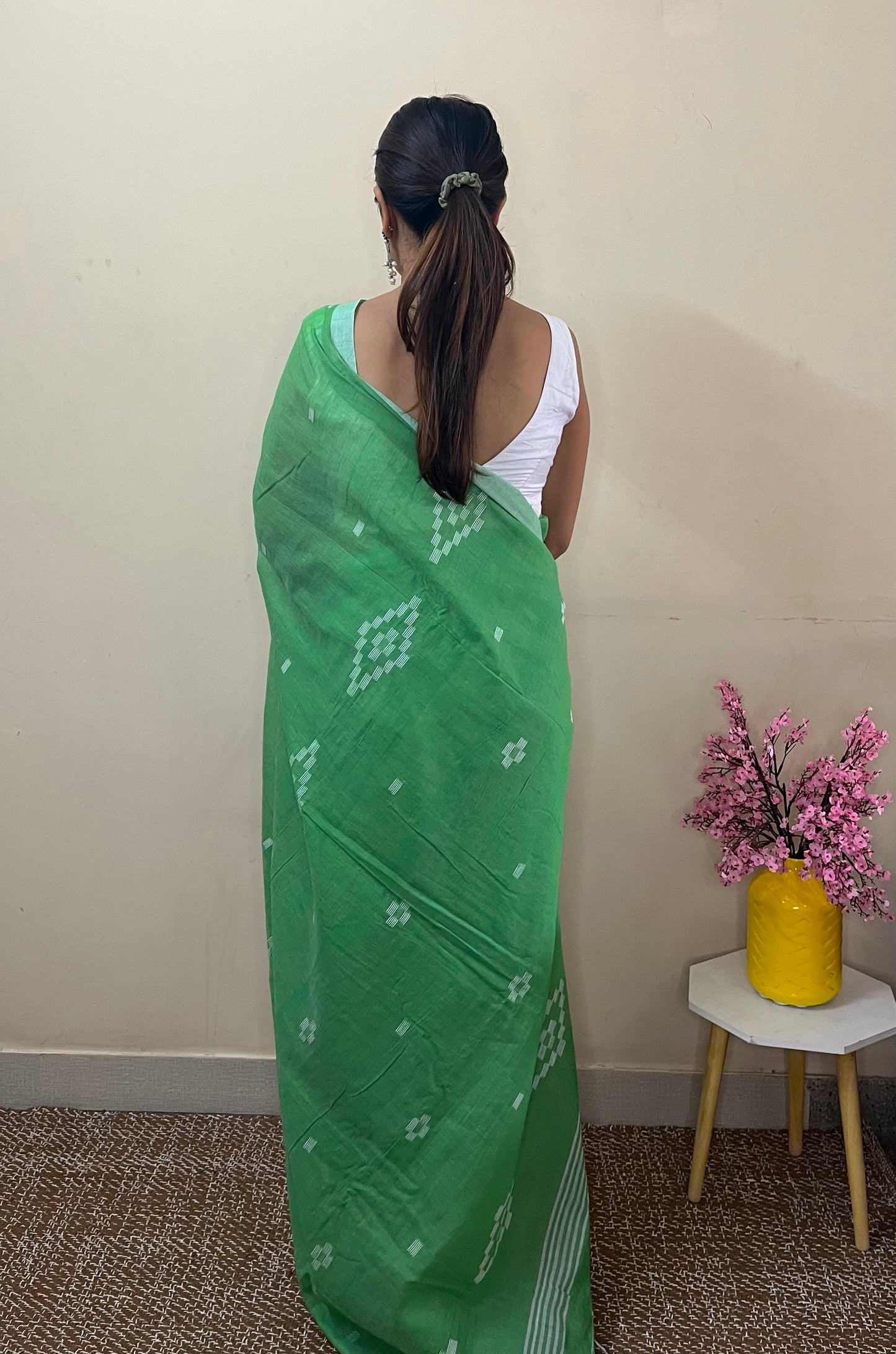 Green Pure Cotton Handloom Saree with Buta Jamdani All Over