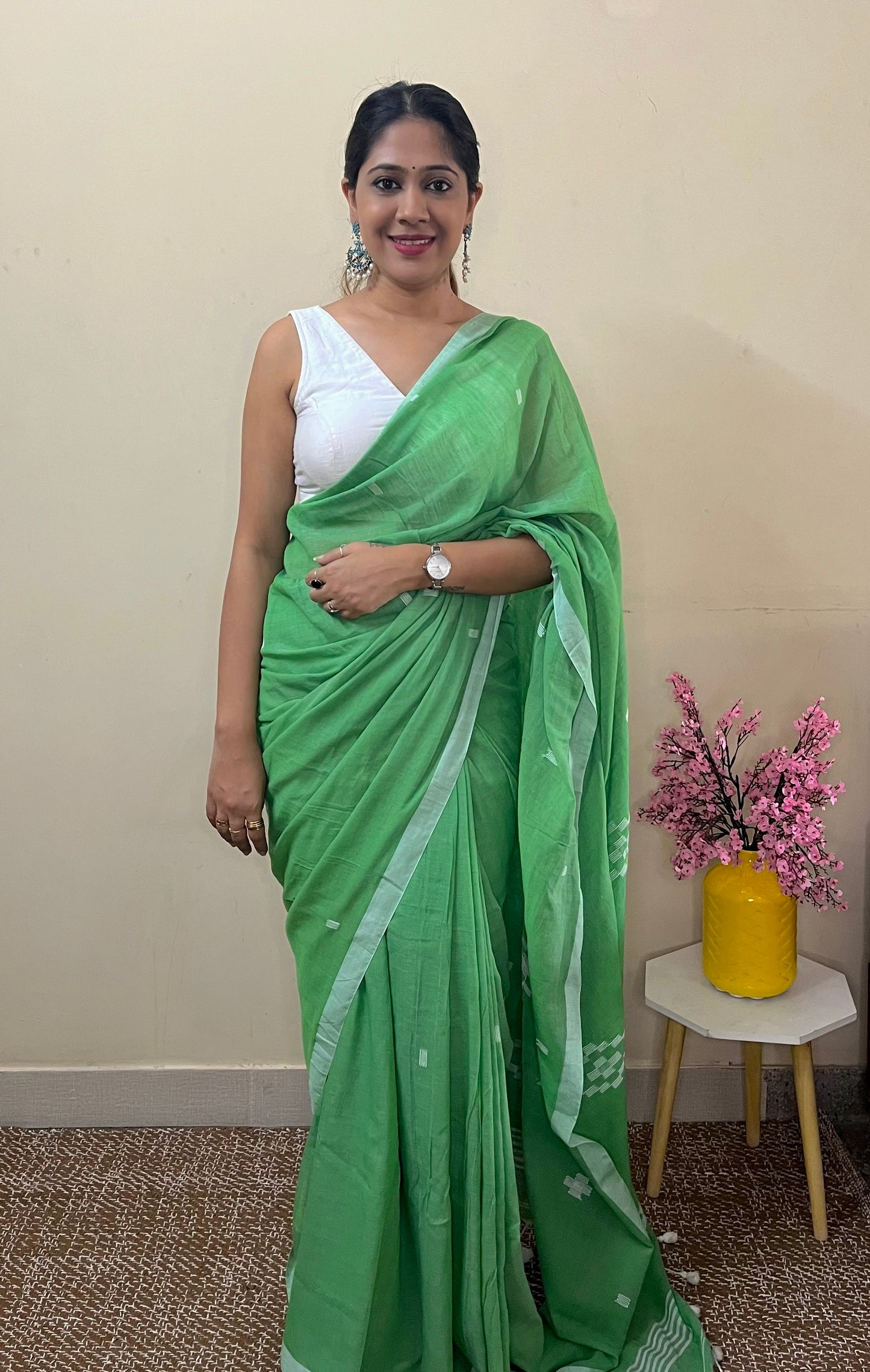 Green Pure Cotton Handloom Saree with Buta Jamdani All Over