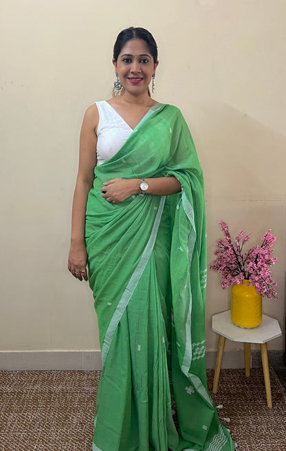 Green Pure Cotton Handloom Saree with Buta Jamdani All Over
